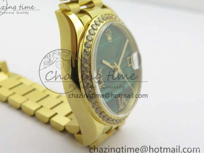 MiroTime 0305 Versatile Daydate 278288 31mm YG EWF Best Edition Green Malachite Dial Crystal Markers on YG President Bracelet ETA 2606